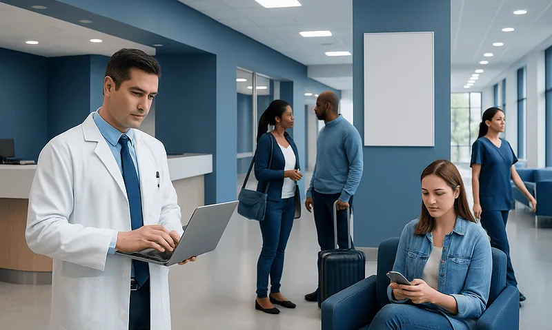 Doctor using a tablet at hospital reception with patients in background.