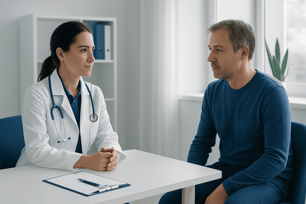 Doctor consulting with a patient in a medical office setting.