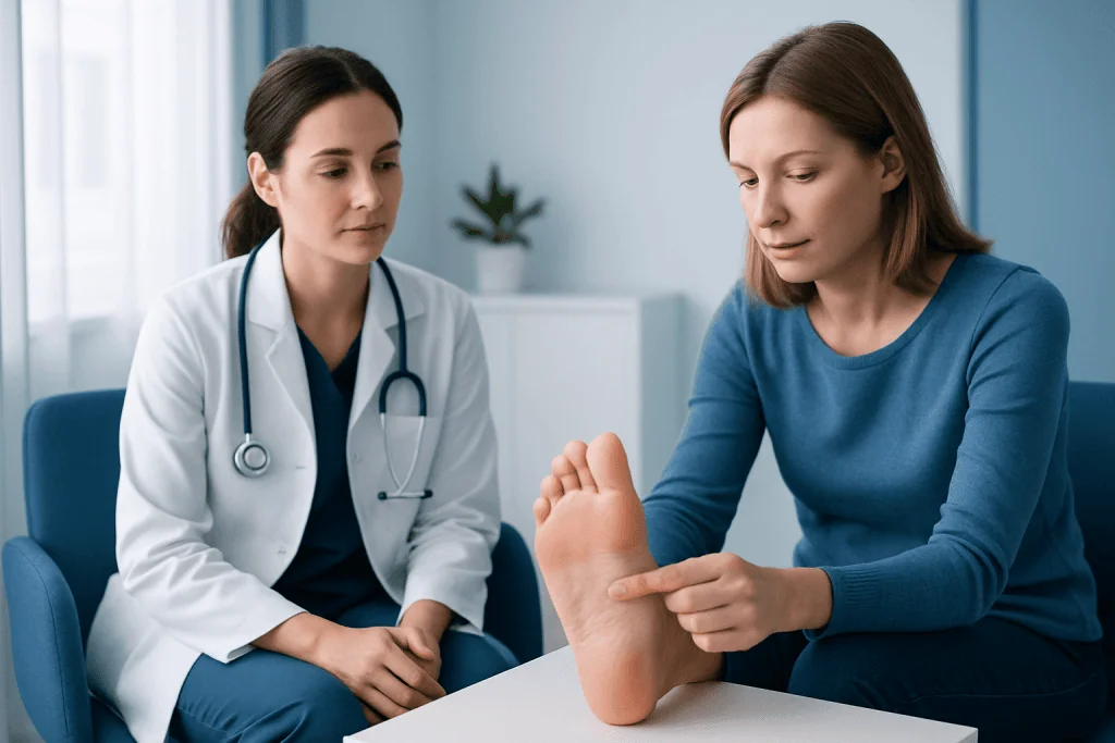 Doctor examining patient's foot in a medical consultation room.