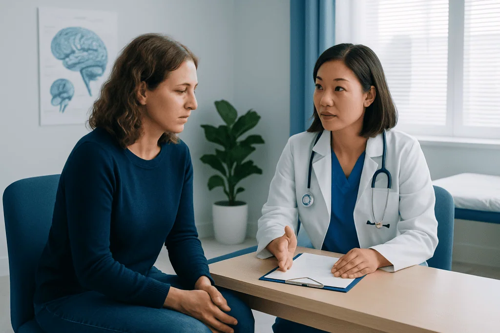 Doctor consulting with a female patient in a medical office setting.