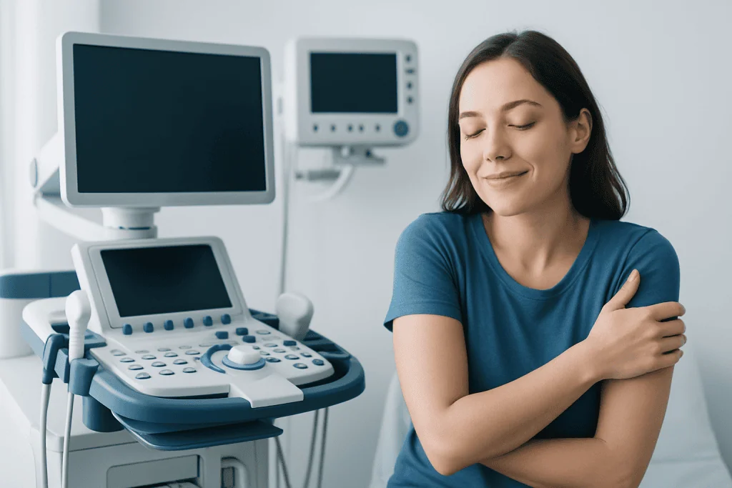 Young woman feeling confident after a medical checkup at Acibadem Hospital.
