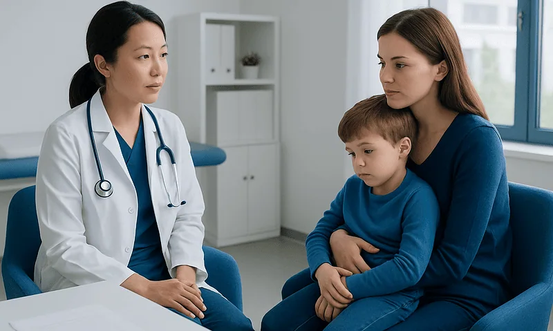 Doctor consulting with mother and child in a medical office.