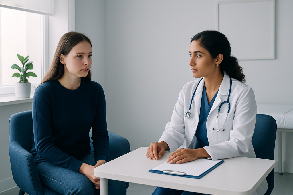 Doctor consulting with young woman in a medical office.
