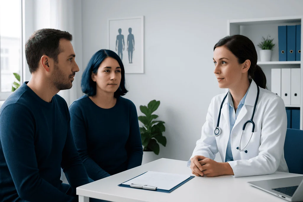 Doctor consulting with two patients in a modern medical office.