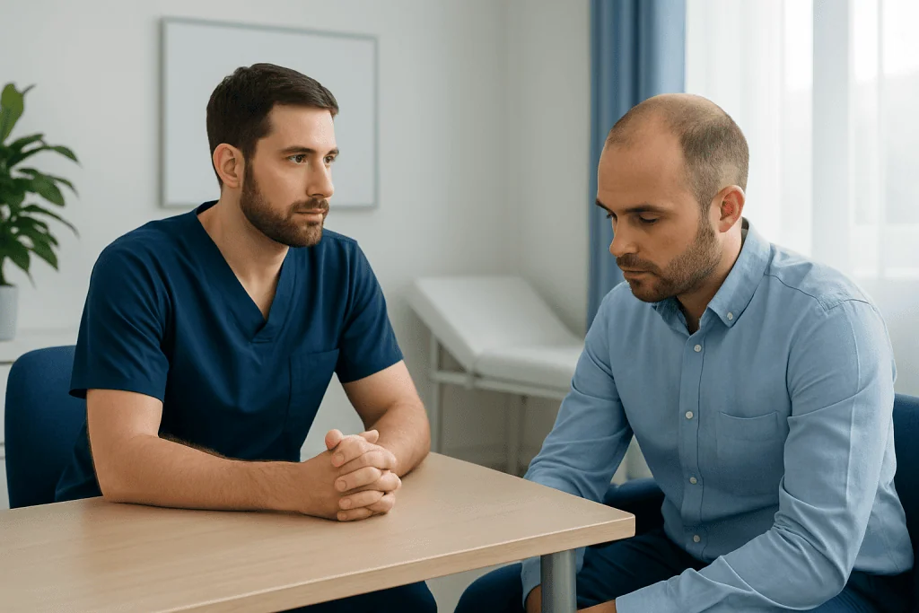 Consultation between a doctor and patient about hair transplant progress.