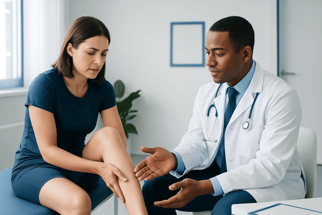 Doctor examining a patient's leg in a medical consultation room.