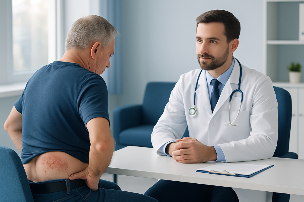 Doctor consulting with a patient with shingles on the hip in a medical office.