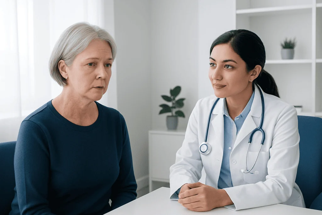 Doctor consulting with an elderly woman in a medical office.