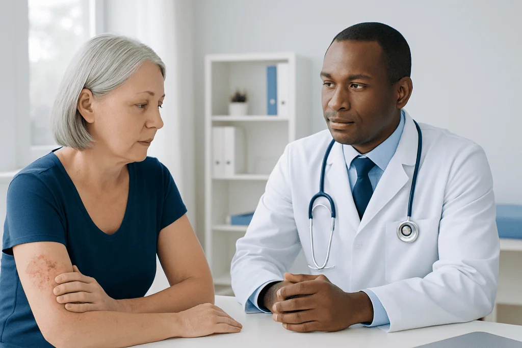 Doctor consulting with an elderly woman about shingles symptoms.
