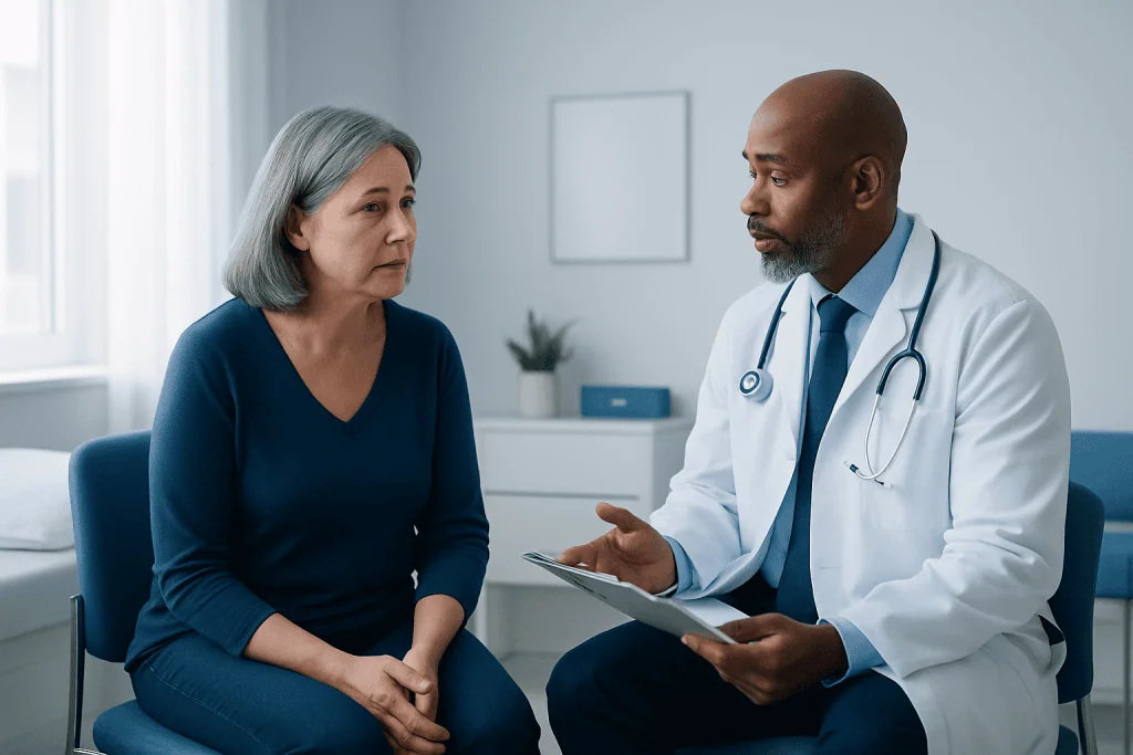 Doctor consulting with an older female patient in a medical office.