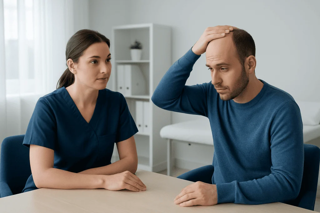 Patient consulting with doctor about hair loss concerns after transplant.