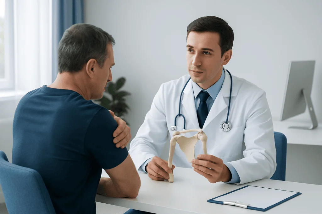 Doctor explaining shoulder anatomy to patient in consultation room.