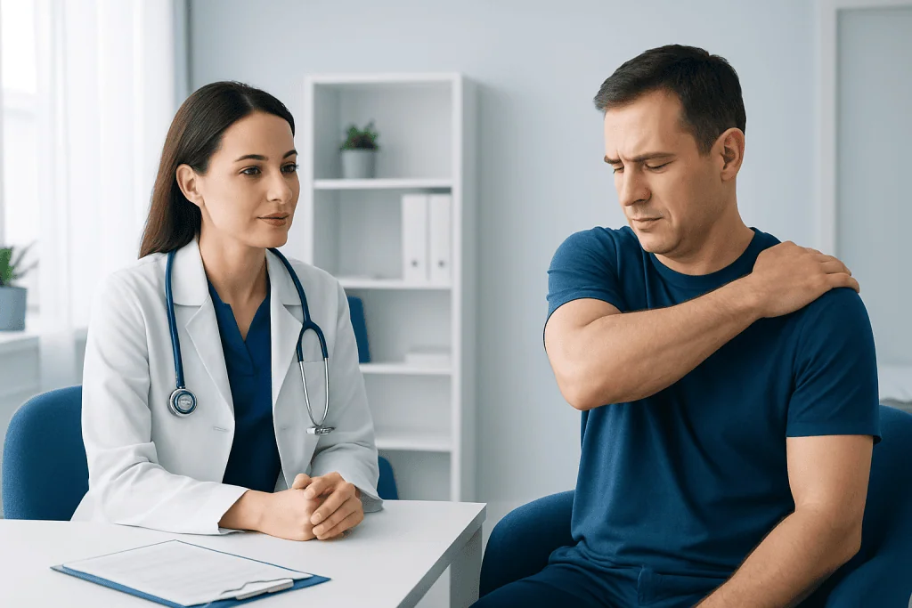 Doctor examining a patient's shoulder for mobility issues.