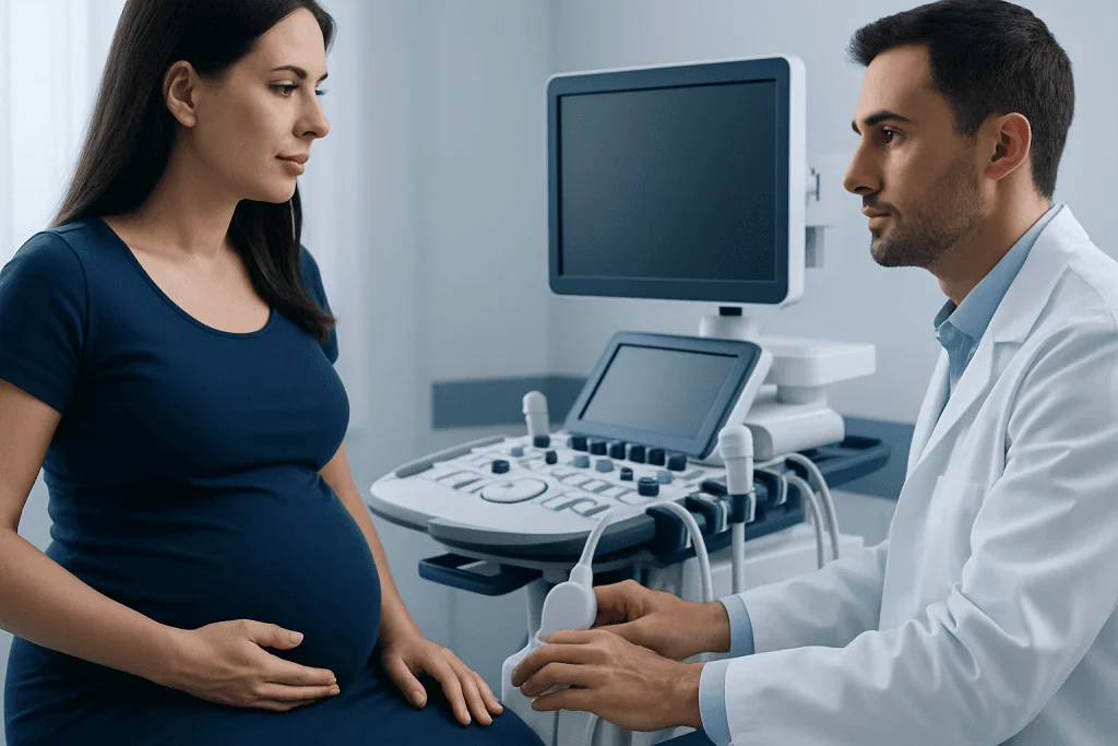 Pregnant woman having ultrasound exam at hospital.