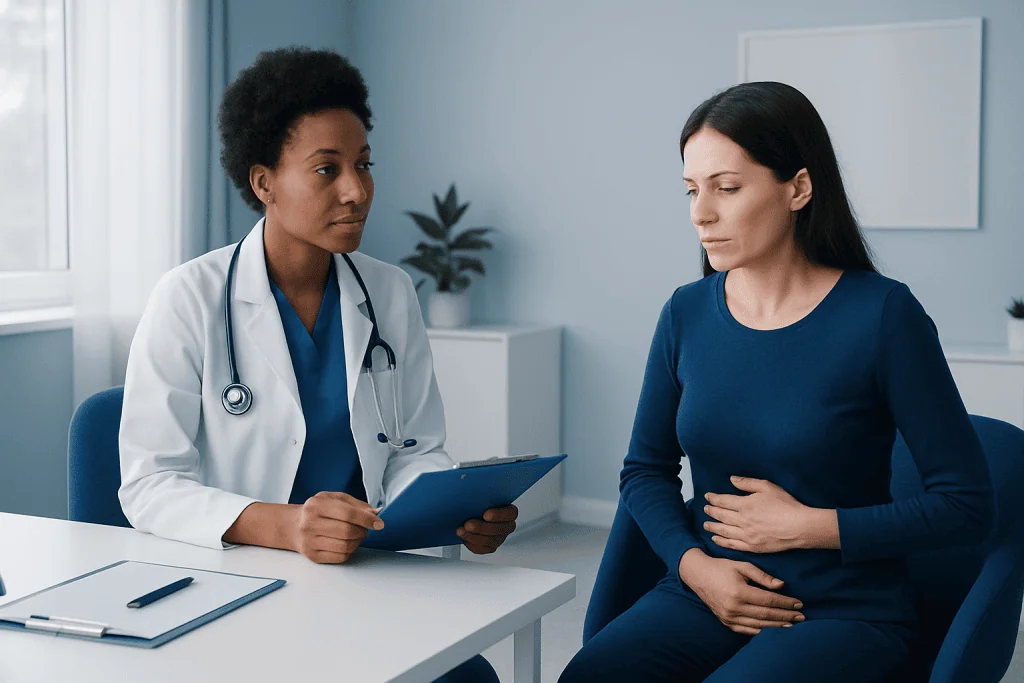 Doctor consulting with a patient about gallbladder removal side effects.
