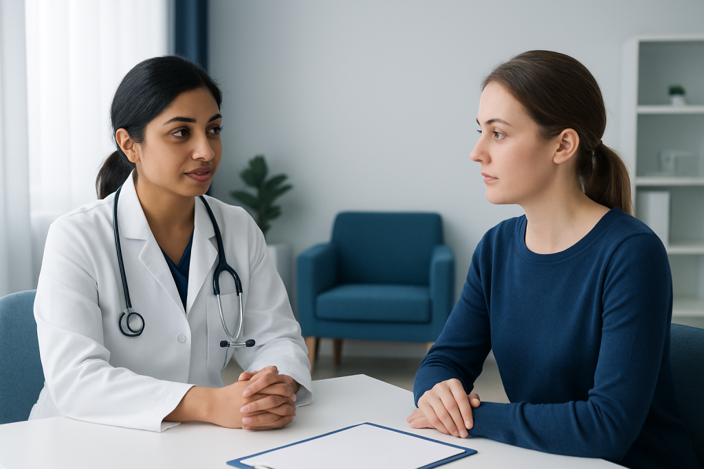Doctor consulting a patient in a modern clinic setting.
