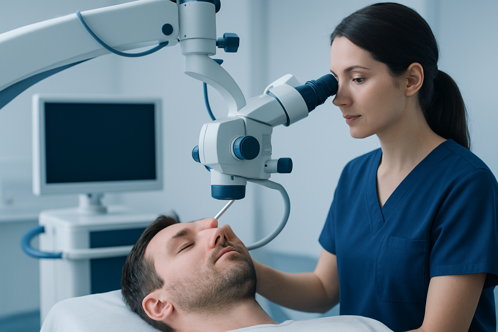 ENT specialist examining patient with a microscope in a hospital setting.