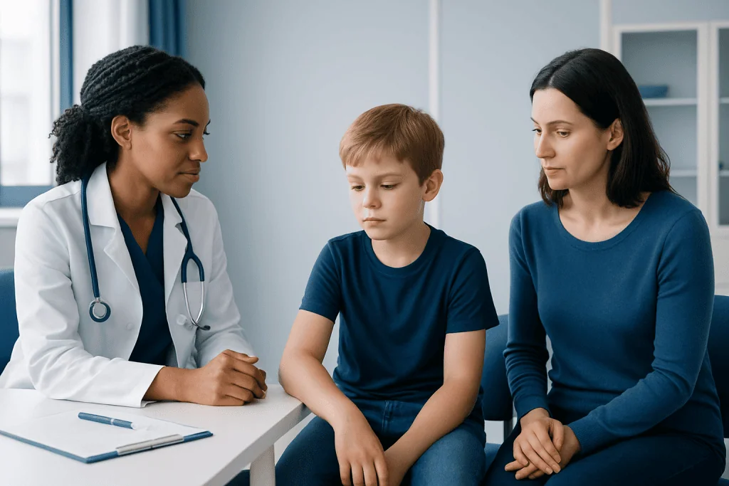 Doctor consulting with a young boy and his mother in a medical office.