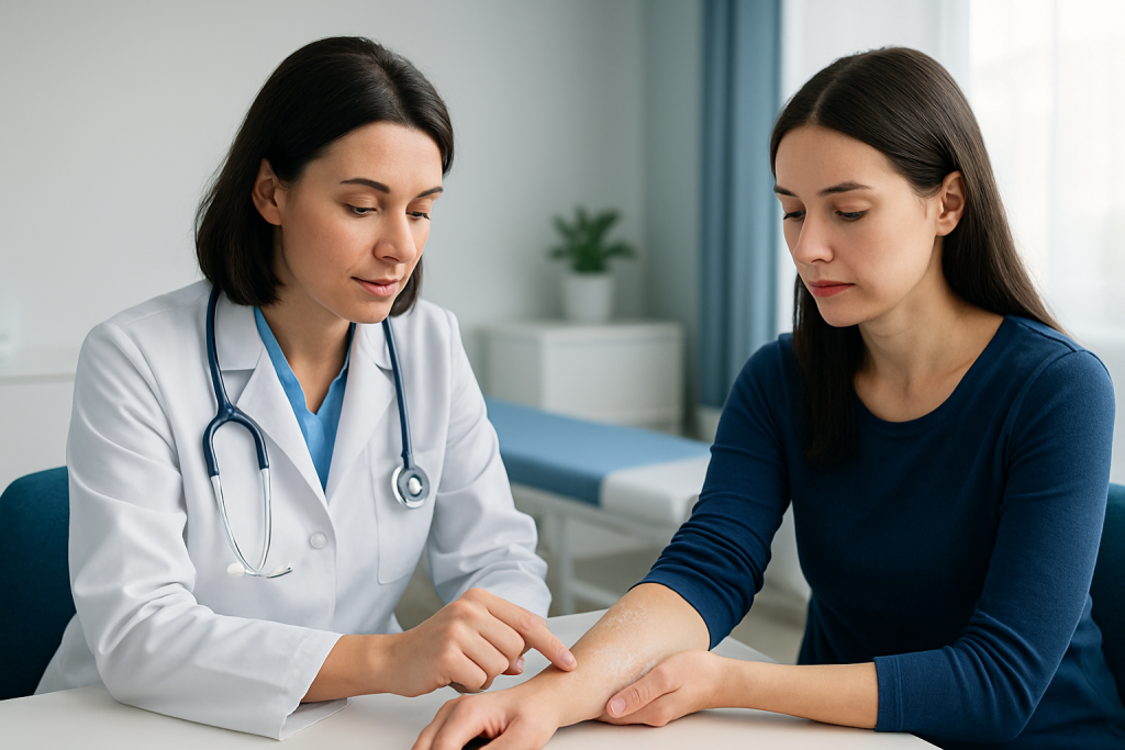 Doctor examining patient's arm in a medical consultation setting.