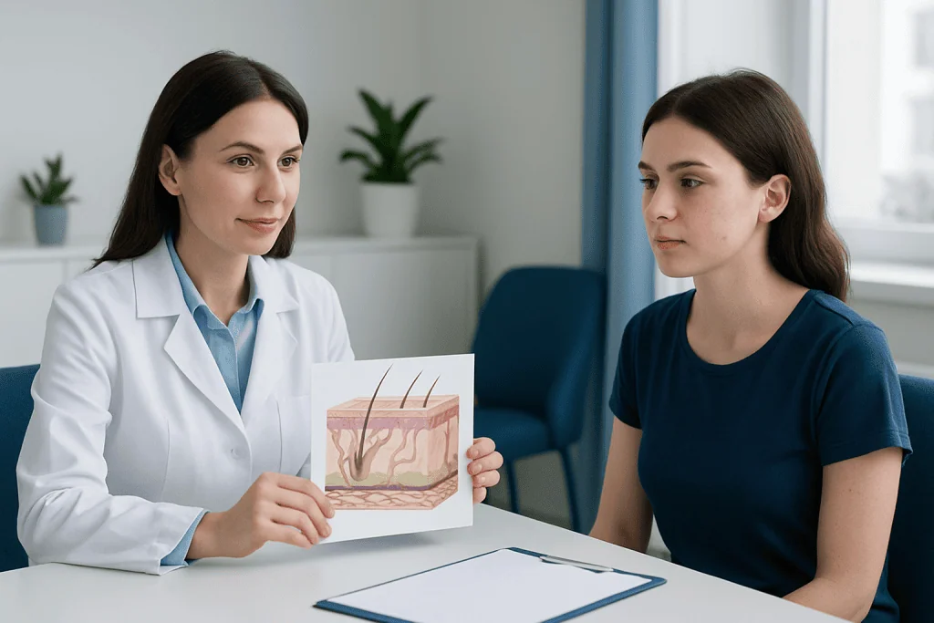 Dermatologist explaining skin layers to a patient during consultation.