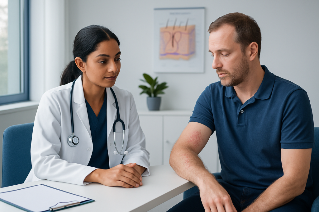 Doctor consulting with patient about skin health in a modern clinic.