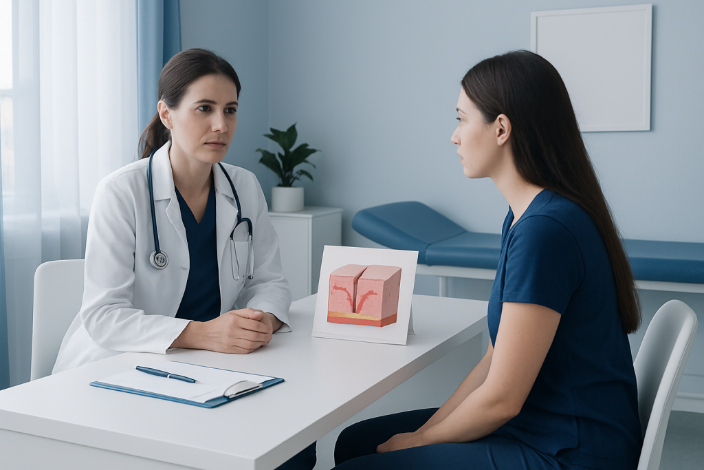 Doctor explaining skin anatomy to patient in consultation room.