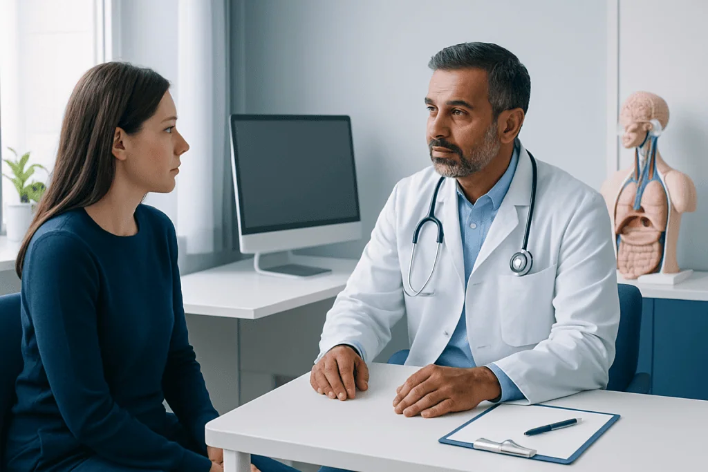 Doctor consulting with a patient about sleep disorder diagnosis in a modern clinic.