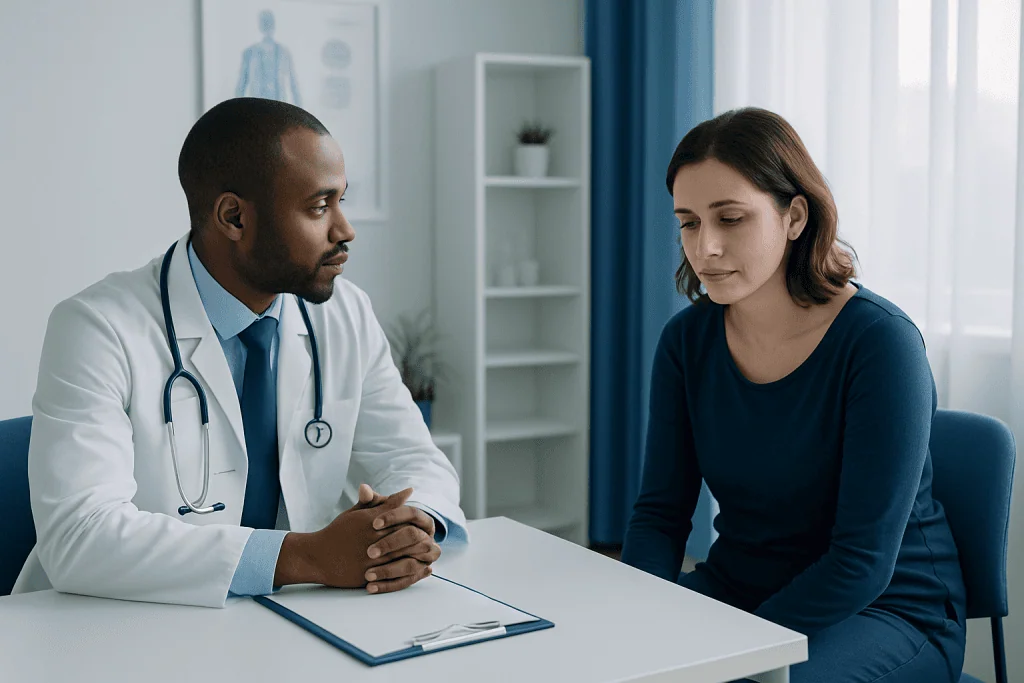 Doctor consulting with a female patient in a medical office.
