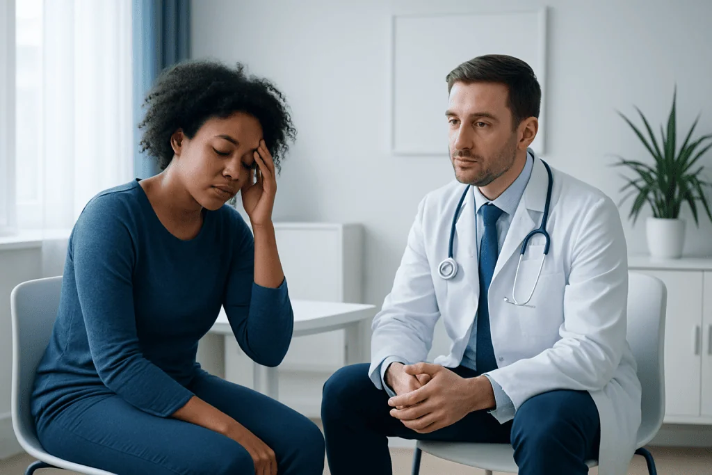 Patient experiencing headache during medical consultation at Acibadem Hospital.