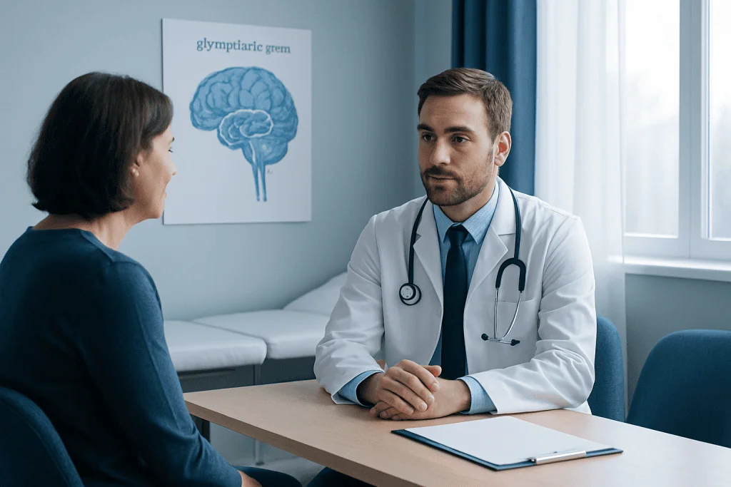 Doctor consulting with patient about glymphatic system in a medical office.
