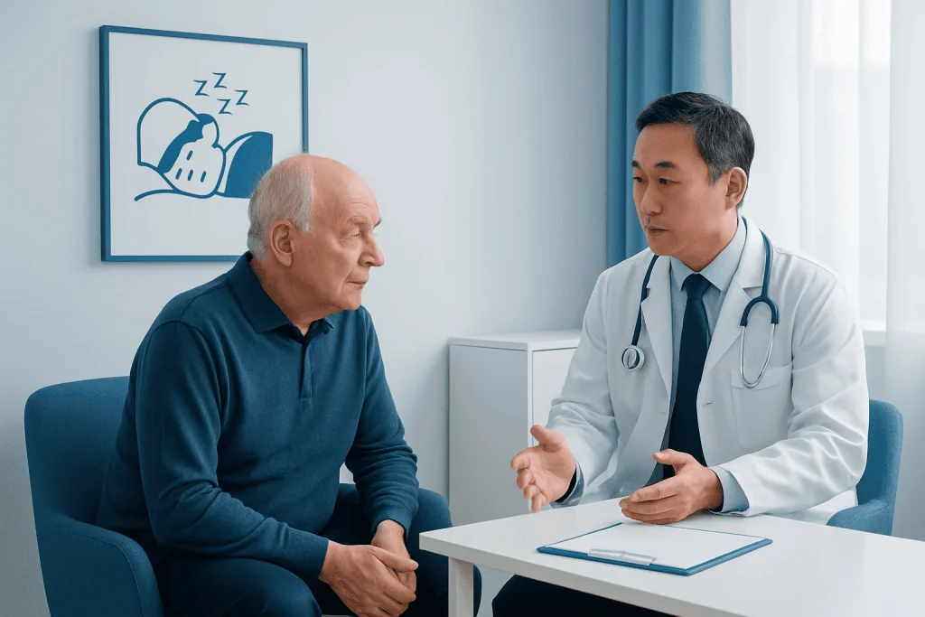 Doctor consulting with elderly patient about sleep issues in a medical office.