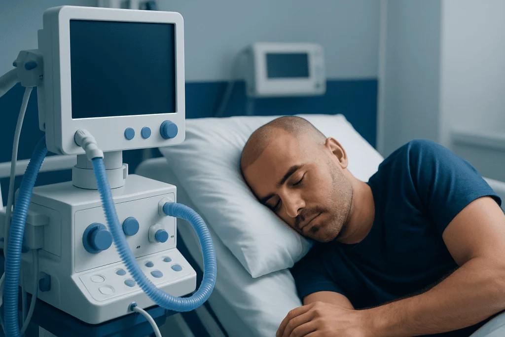 Patient resting after hair transplant in hospital bed with medical equipment nearby.
