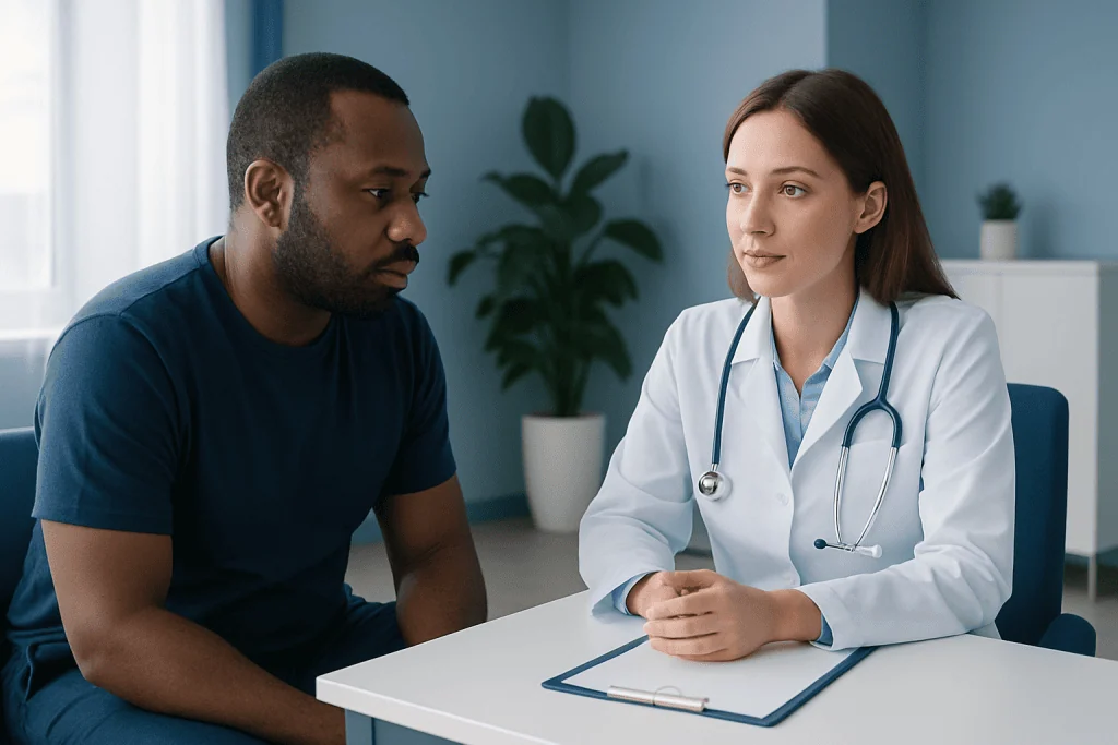 Doctor consulting with a male patient in a medical office setting.