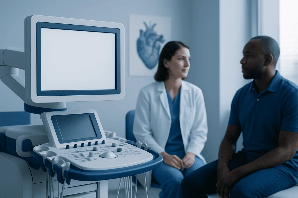 Medical consultation with ultrasound equipment in a hospital setting.