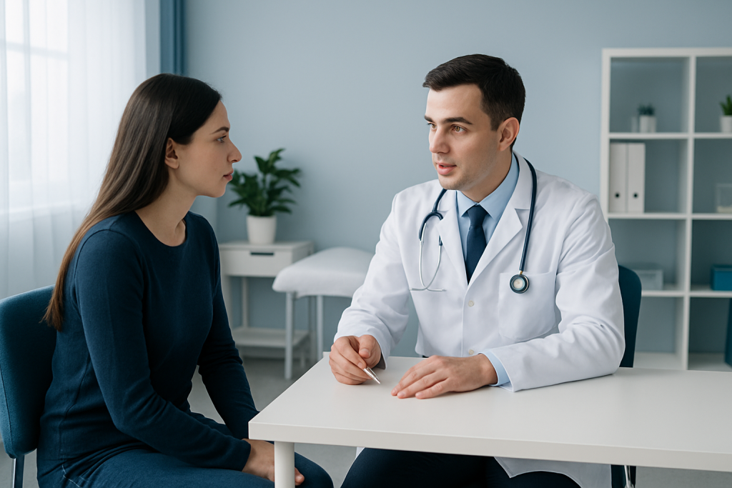 Doctor consulting with a female patient in a modern clinic setting.