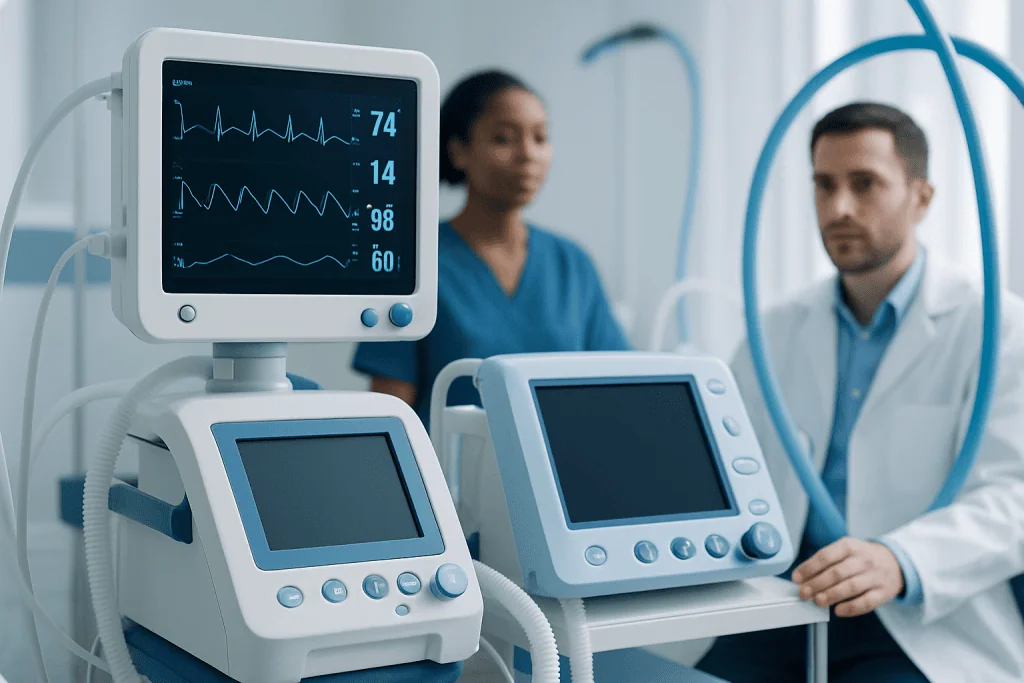 Medical monitoring equipment in a hospital setting with healthcare professionals.