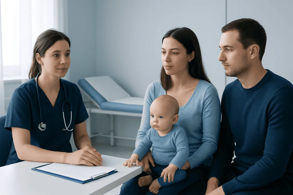 Pediatric consultation with a doctor, mother, father, and baby in a clinic setting.