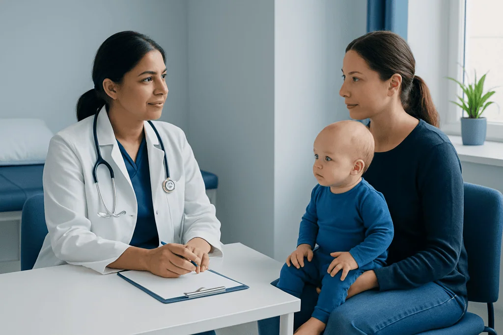 Pediatric consultation at Acibadem Hospital with doctor and mother with baby.
