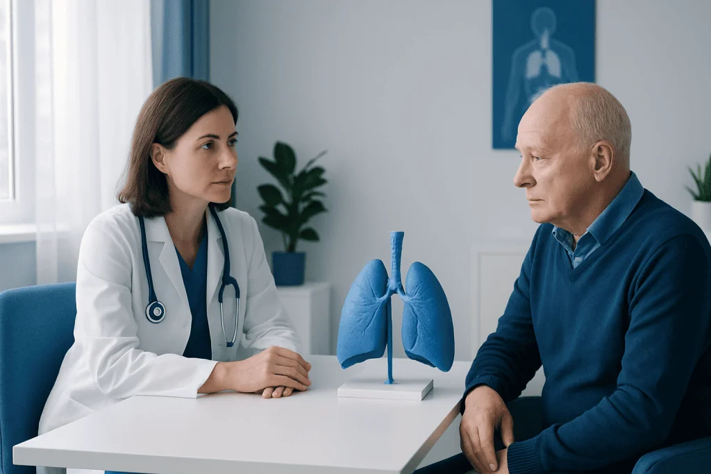 Doctor discussing lung health with patient in a medical consultation room.