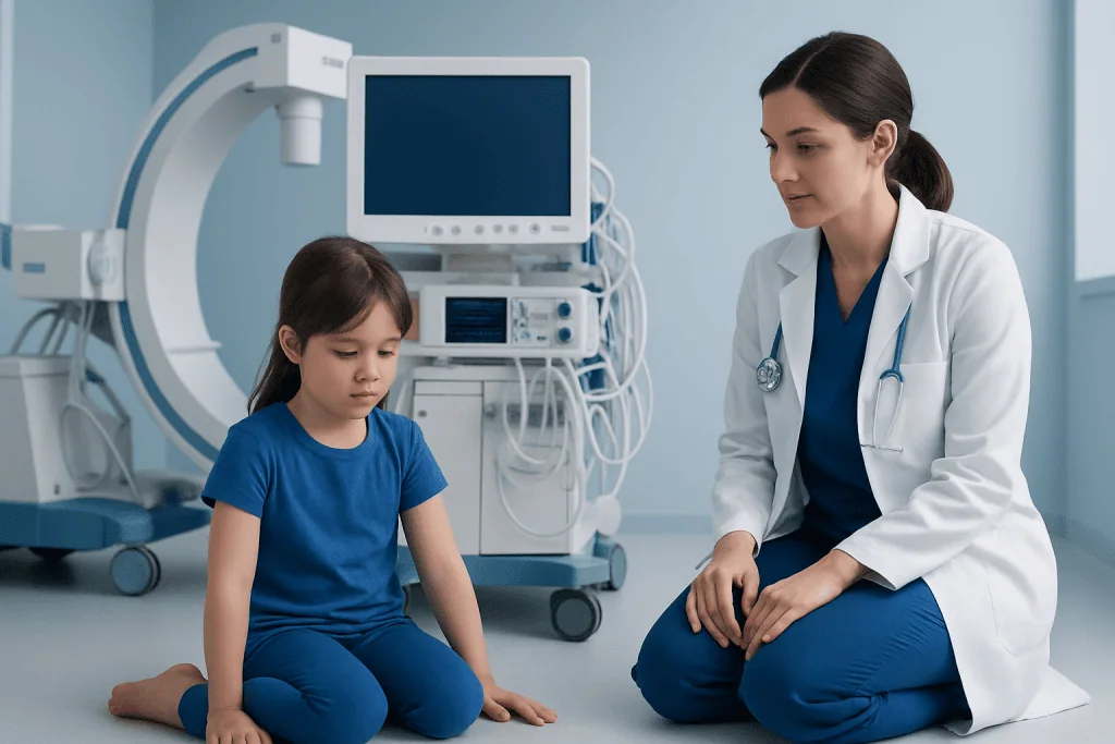 Pediatric neurologist consulting a young girl in a hospital setting.