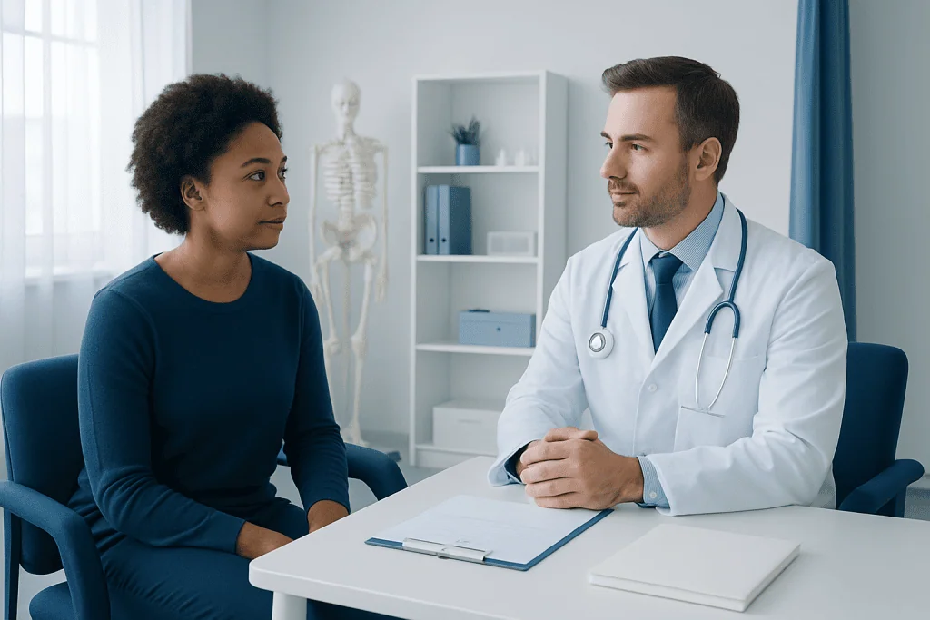 Doctor consulting a patient in a modern medical office setting.