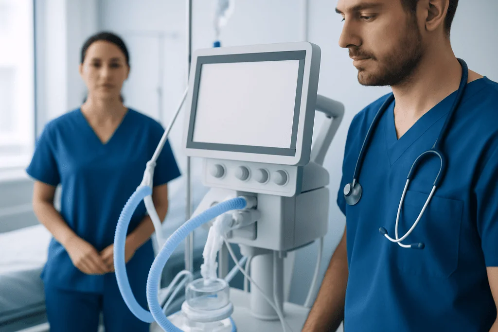 Medical professionals monitoring ventilator in hospital setting.