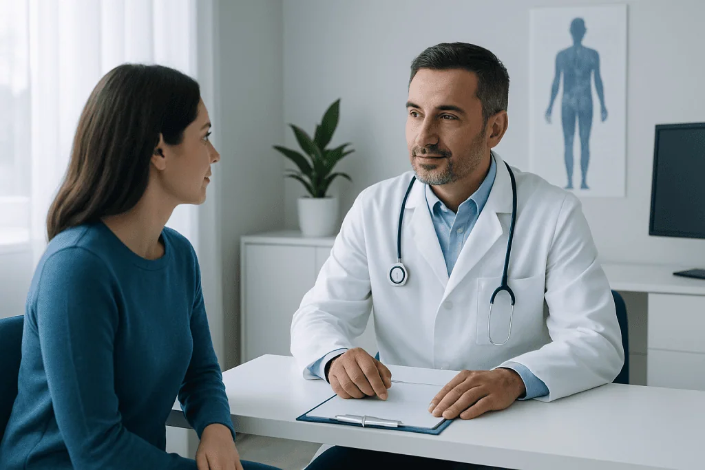 Doctor consulting with a female patient in a modern clinic setting.