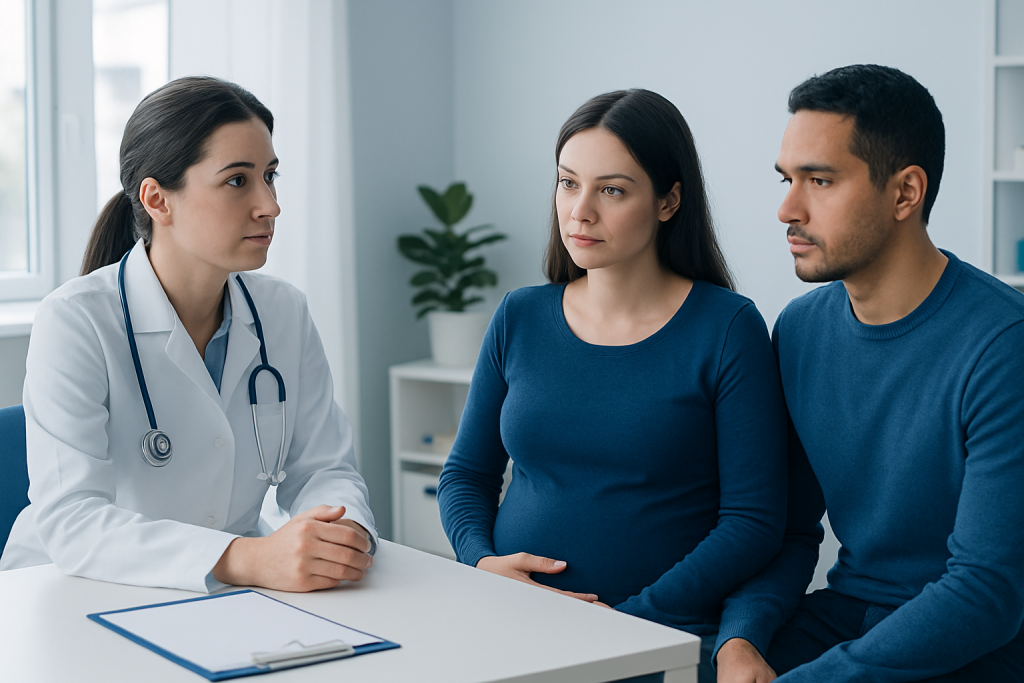 Doctor consulting with a pregnant woman and her partner in a medical office.