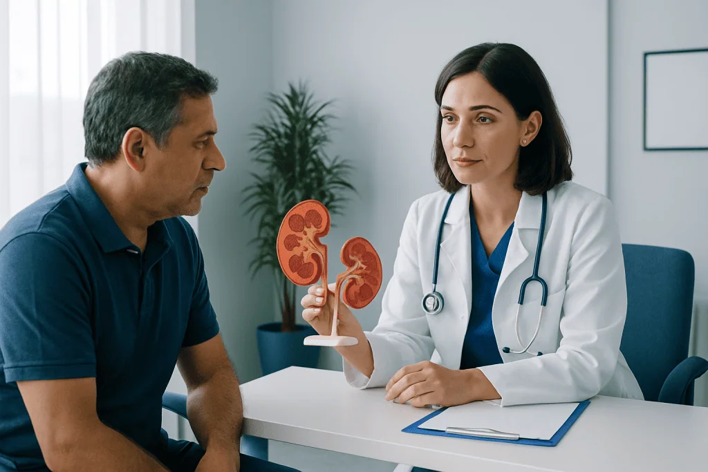 Doctor explaining kidney health to patient with kidney model.