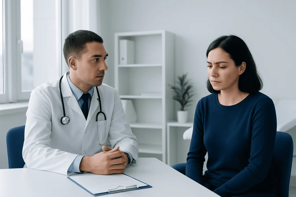 Doctor consulting with a patient in a modern medical office.