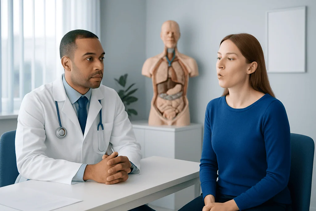 Doctor consulting with a patient in a medical office with anatomical model in background.