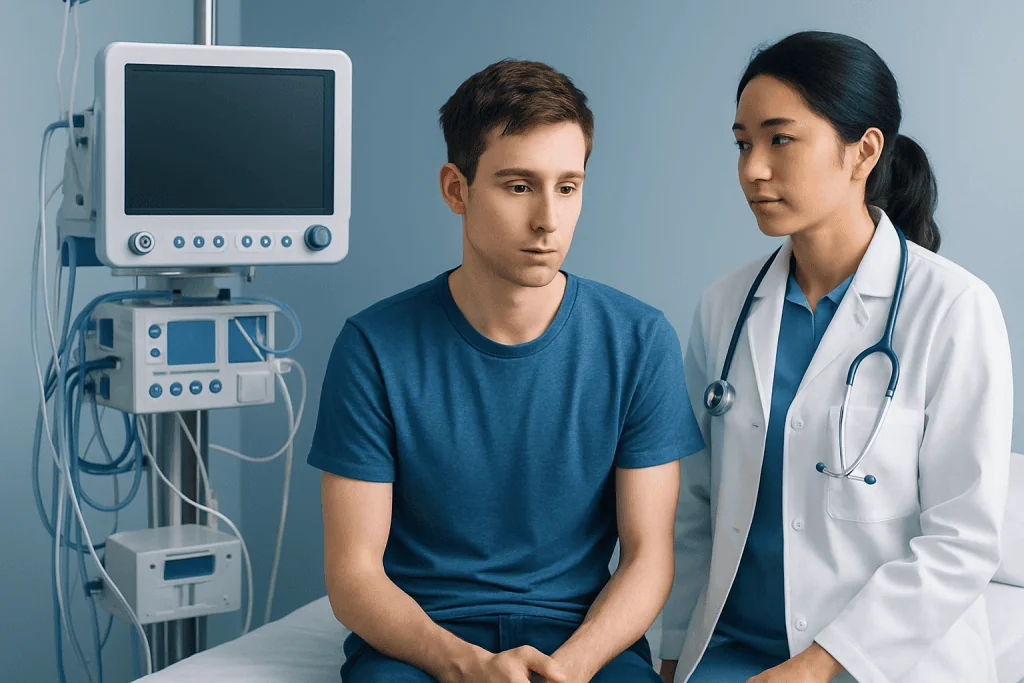 Doctor consulting with a young male patient in a hospital room.
