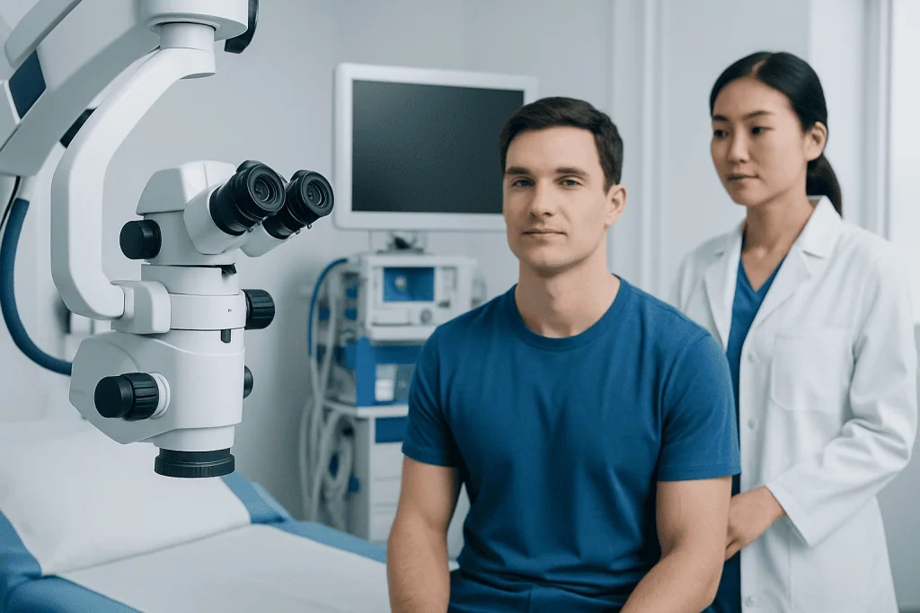 Doctor and patient in a medical examination room with a microscope.