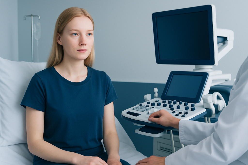 Young woman undergoing a medical ultrasound examination in a hospital.